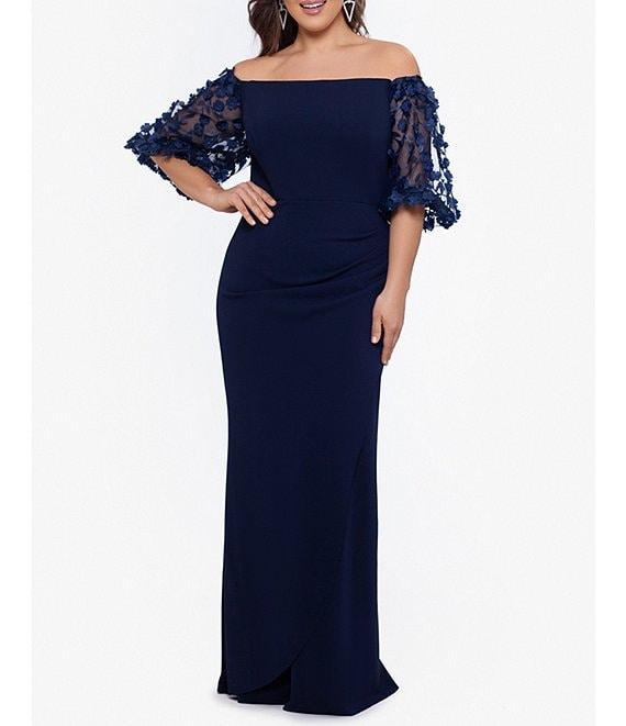 Xscape Plus Size 3D Floral Applique Scuba Crepe Off-the-Shoulder Short Puffed Sleeve Sheath Gown Product Image