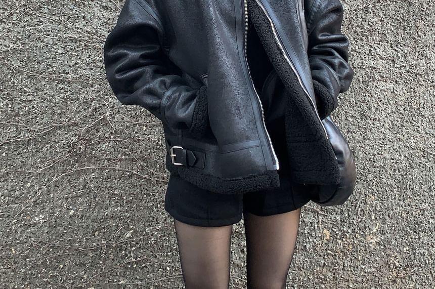 Stand Collar Faux Shearling Zip Jacket Product Image