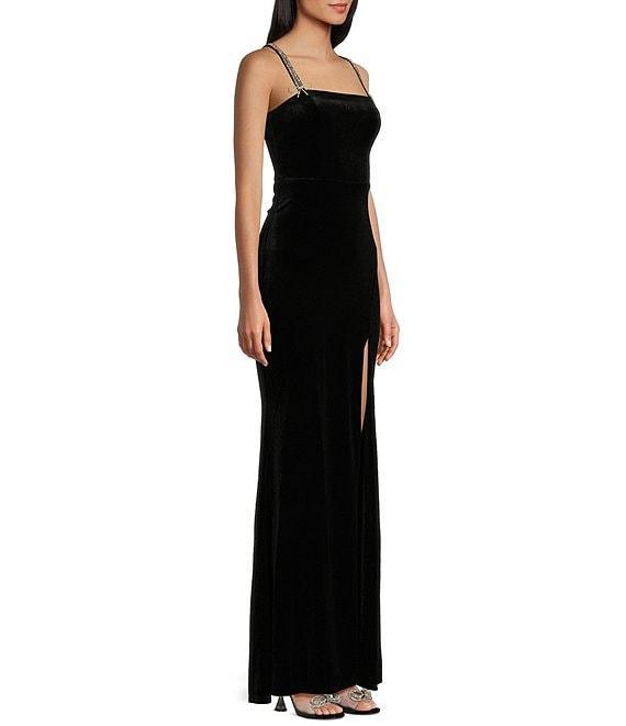 Midnight Doll Rhinestone Straps Stretch Velvet Bow Detail Long Dress Product Image