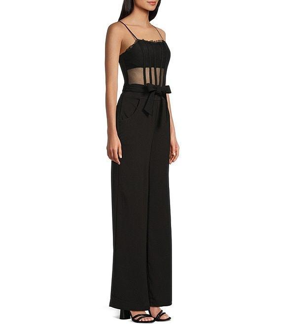 Honey and Rosie Scuba Crepe Spaghetti Strap Small Ruffle Neckline Jumpsuit Product Image