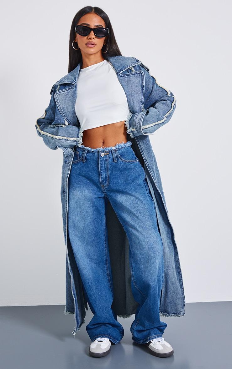 Petite Mid Blue Wash Denim Frayed Edge Maxi Trench Coat Product Image