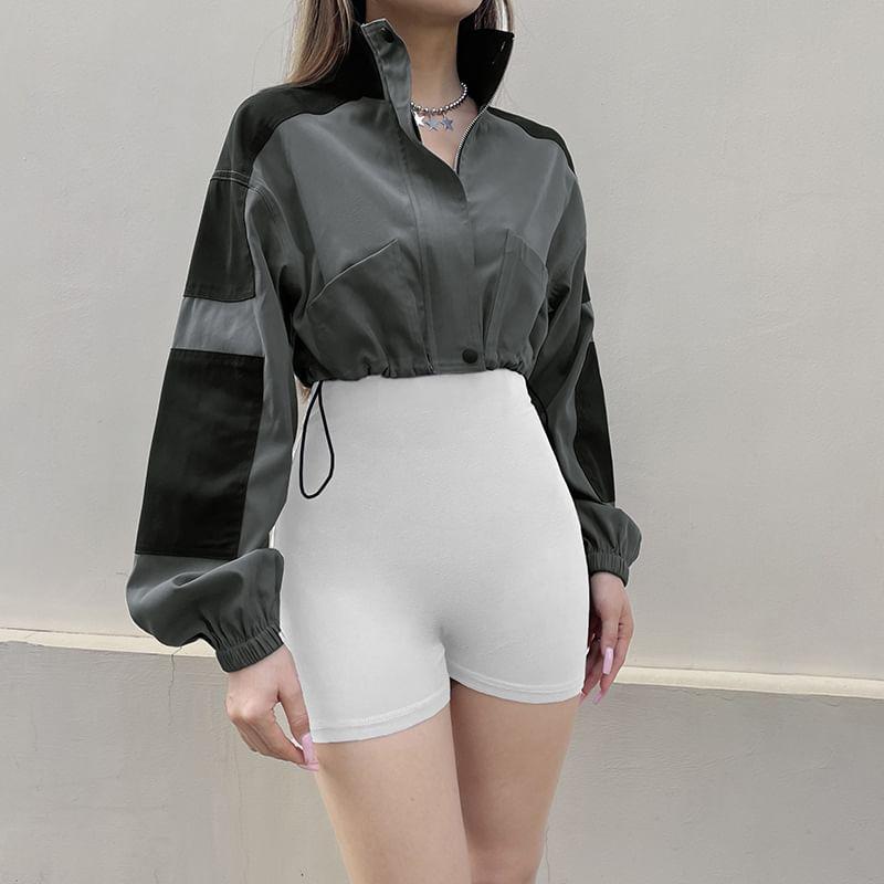 Stand Collar Two Tone Drawstring Hem Zip-Up Crop Jacket Product Image