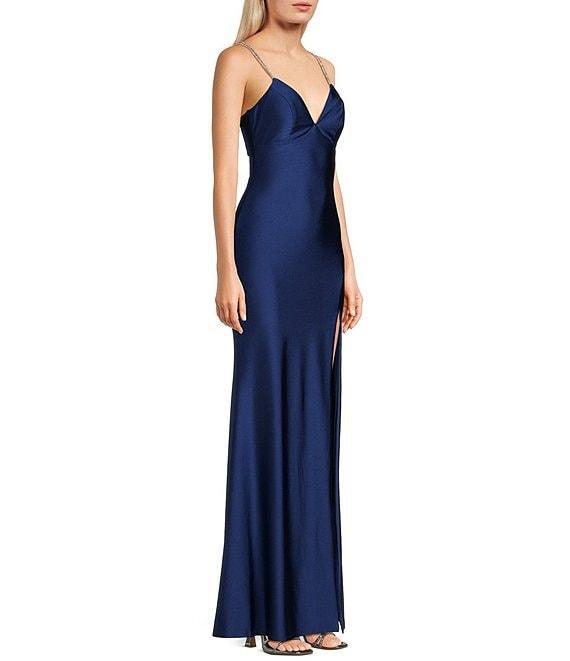 Midnight Doll Jersey Knit Satin V-Neck Rhinestone Strap Lace Up Back Side Slit Long Dress Product Image
