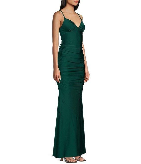 Midnight Doll Satin Rhinestone Strap Detail Lace-Up Back Long Dress Product Image