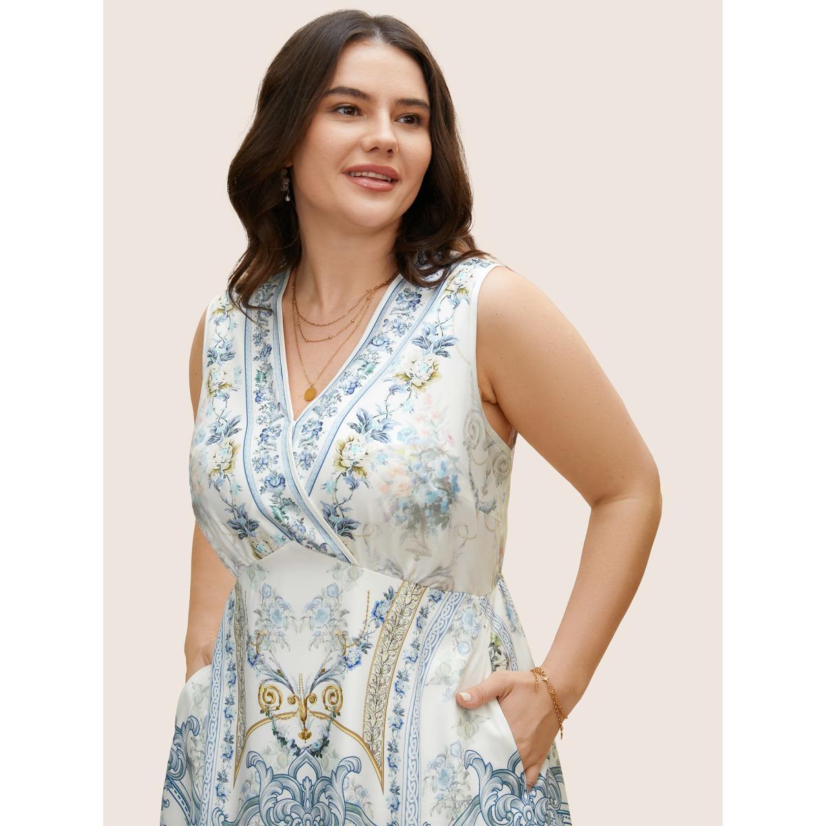 Plus Size V Neck Boho Print Sleeveless Midi Dress Originalwhite Women Elegant Gathered V-neck Sleeveless Curvy BloomChic 22-24/3X Product Image
