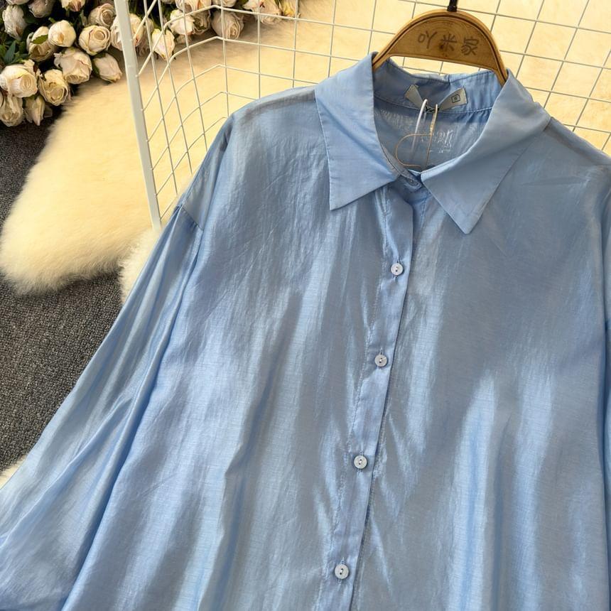 Long-Sleeve Plain Slit Back Button-Up Sheer Shirt Product Image