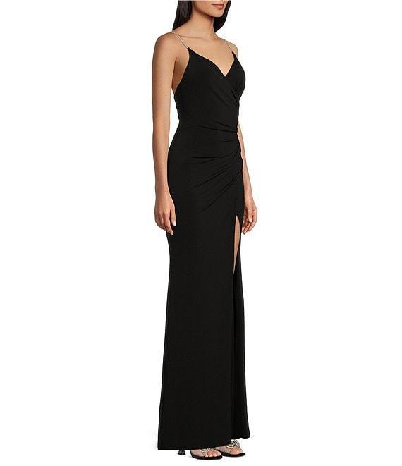 Midnight Doll Rhinestone Strap Front Slit Wrap Long Dress Product Image