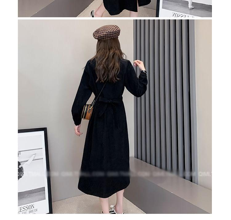 Puff-Sleeve V-Neck Plain Button-Up Midi A-Line Dress Product Image