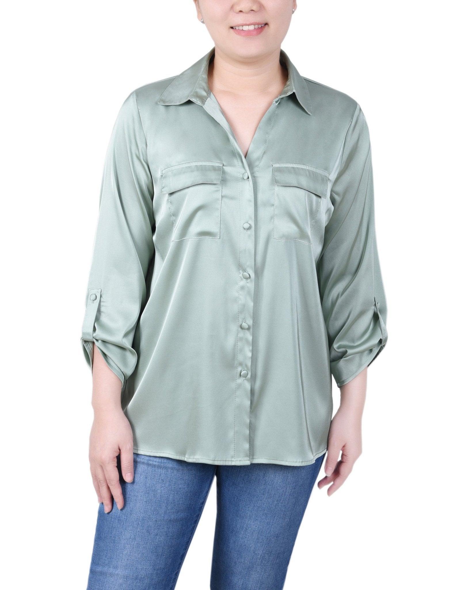 3/4 Length Sleeve Roll Tab Satin Blouse - Petite Product Image