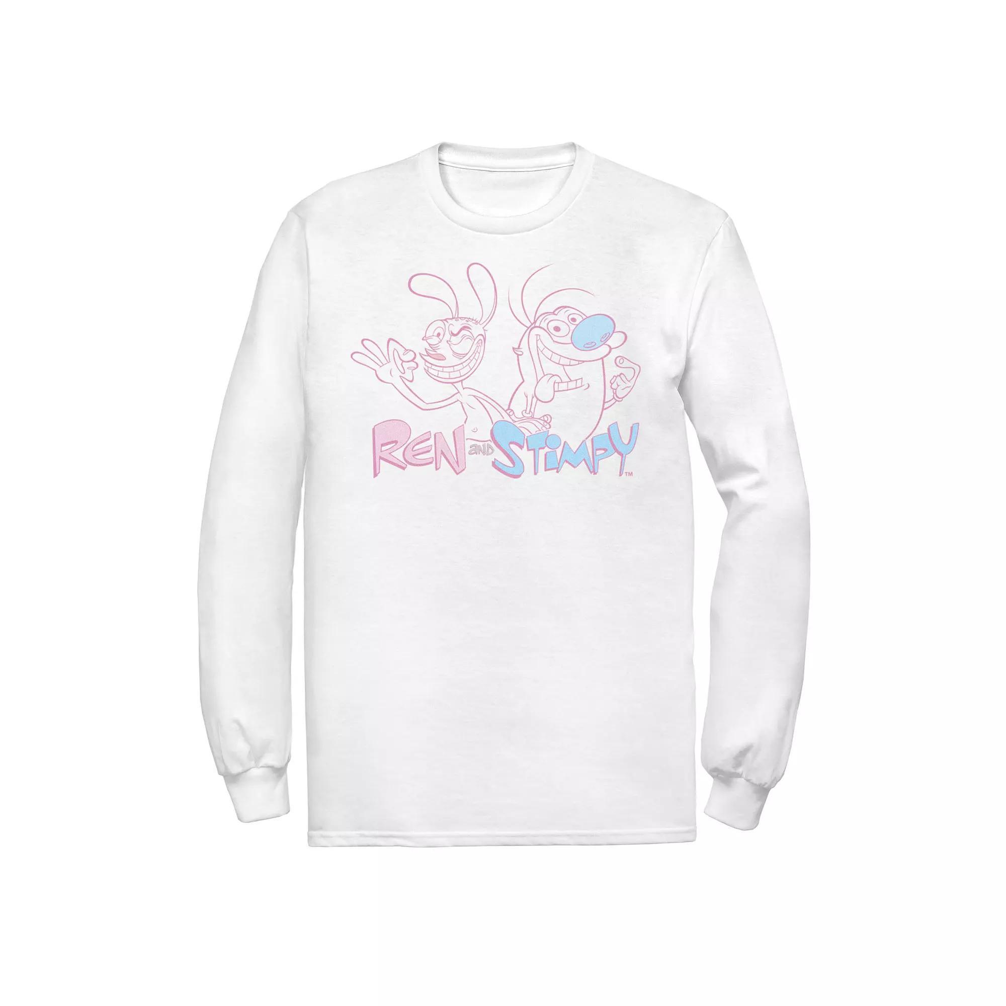 Men's Ren & Stimpy Portrait Outline Logo Long Sleeve Tee, Size: Small, White Product Image
