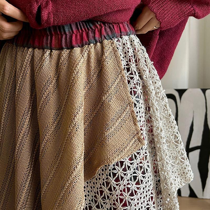 Crew Neck Cartoon Accent Button-Up Cardigan / Plaid Asymmetrical Lace Panel Layered Maxi A-Line Skirt Product Image