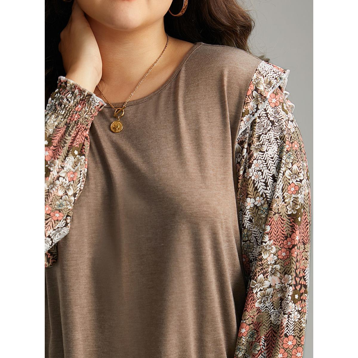 Plus Size Floral Print Shirred Cuffs Ruffle Trim T-shirt LightBrown Women Casual Elastic cuffs Ditsy Floral Round Neck Everyday T-shirts BloomChic 10/M Product Image