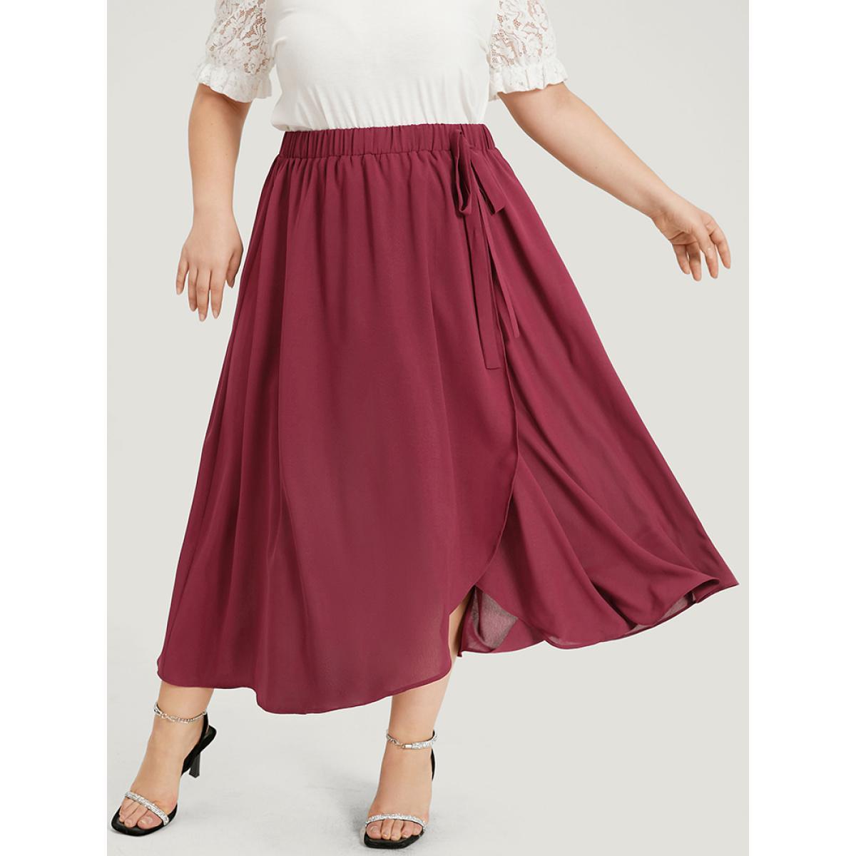 Plus Size Plain Elastic Waist Knot Asymmetrical Hem Skirt Women Burgundy Glamour Drape No stretch Going out Skirts BloomChic 26/4X Product Image