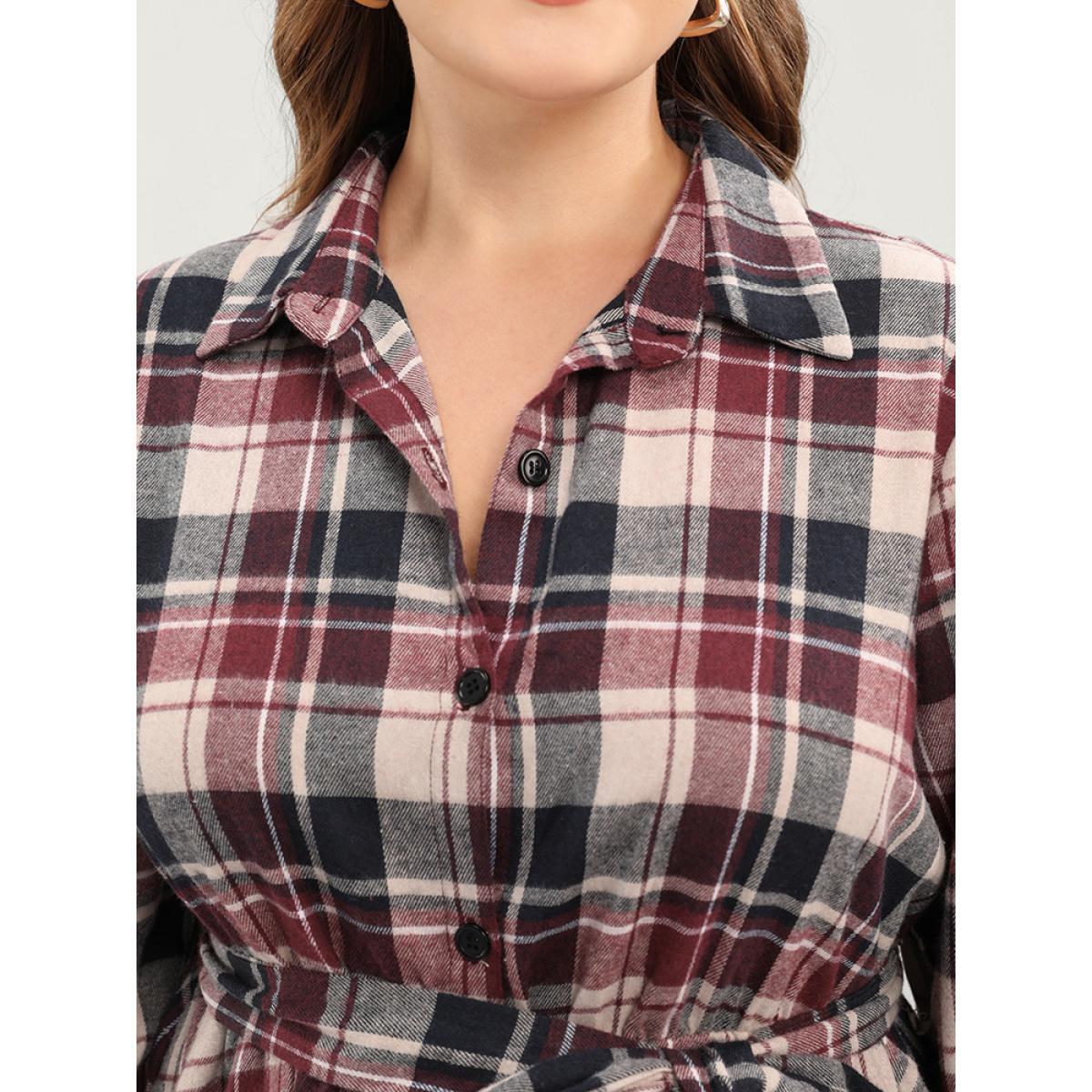 Plus Size Plaid Shirt Collar Pocket Belted Lantern Sleeve Button Up Dress Burgundy Women Elegant Shirt collar Long Sleeve Curvy Midi Dress BloomChic 14-16/1X Product Image