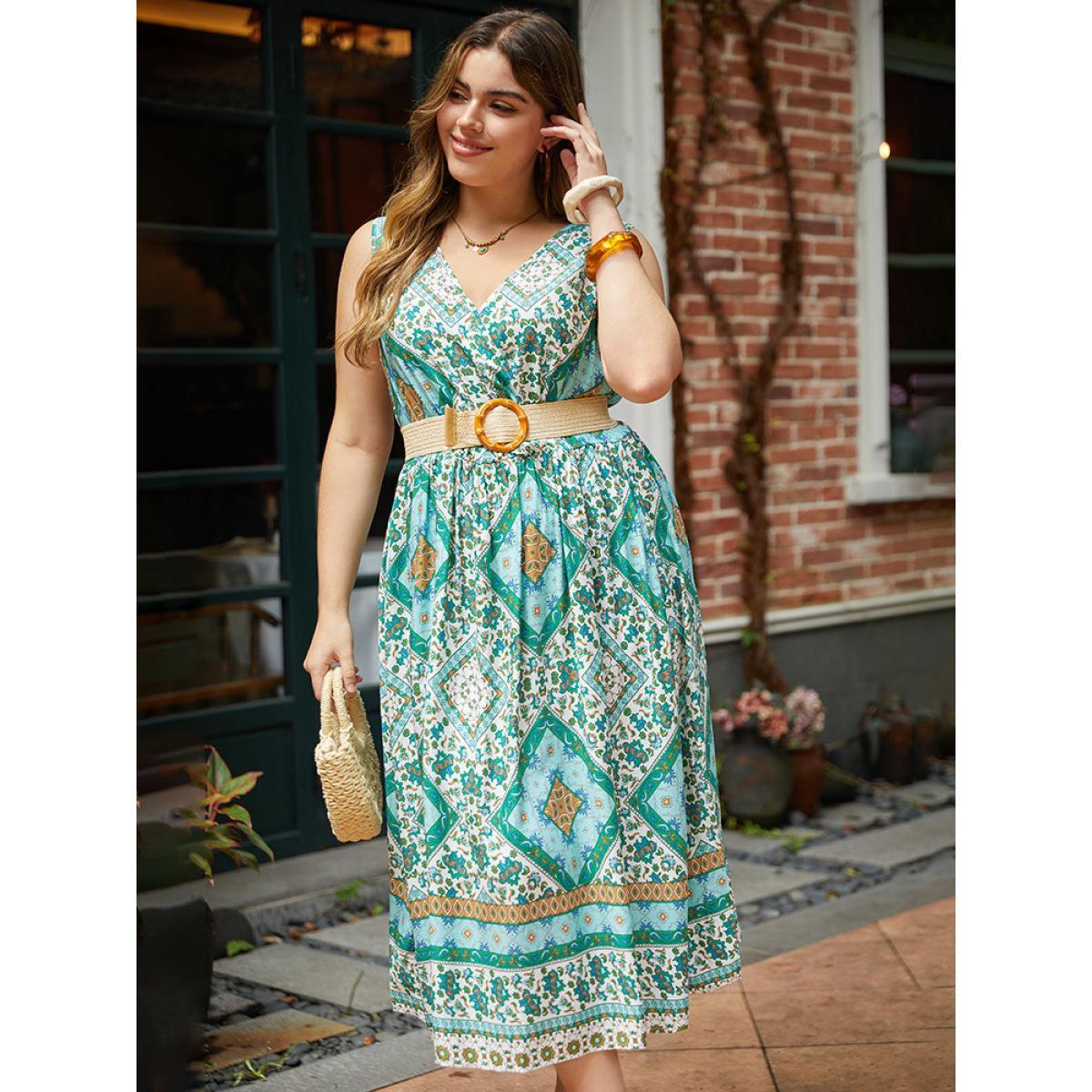 Plus Size Bandana Print Overlap Collar Pocket Tank Dress Mint Women Vacation Gathered V-neck Sleeveless Curvy Midi Dress BloomChic 14-16/1X Product Image