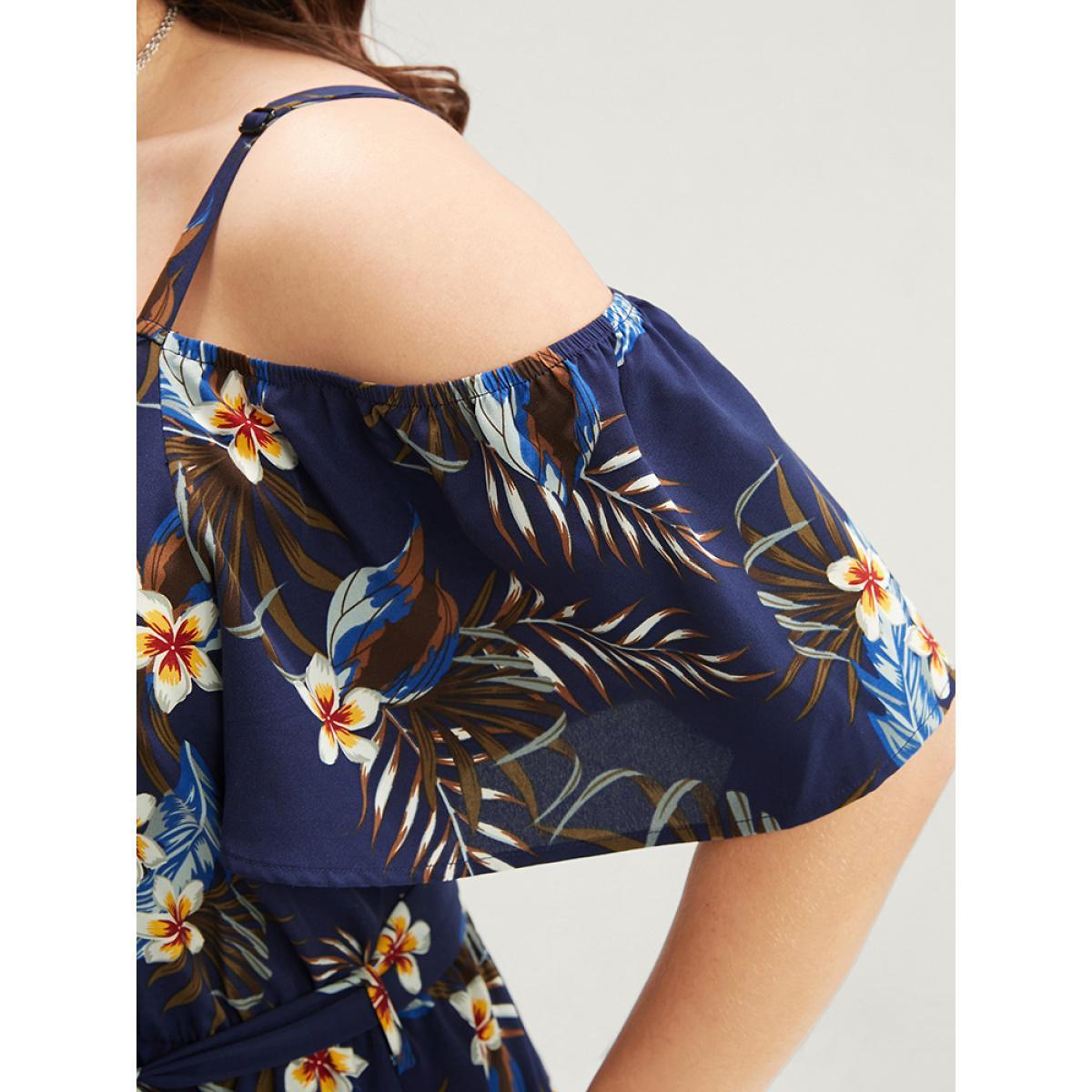 Plus Size Floral Cold Shoulder Pocket Ruffle Belted High Low Hem Dress DarkBlue Women Vacation Adjustable Straps Cold Shoulder Short sleeve Curvy Midi Dress BloomChic 14-16/1X Product Image