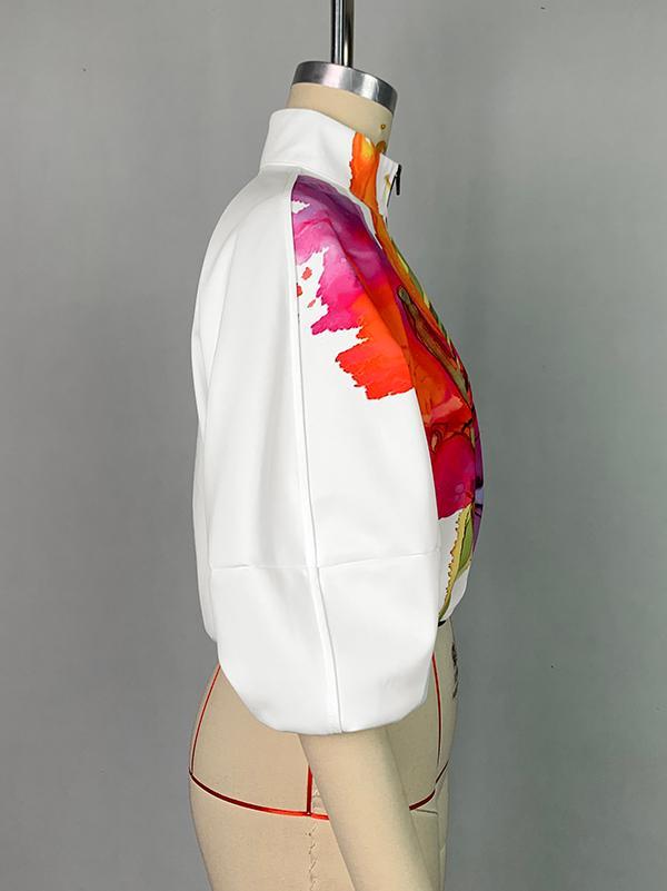 Loose Puff Sleeves Asymmetric Floral Printed Split-Joint High Neck Outerwear Product Image