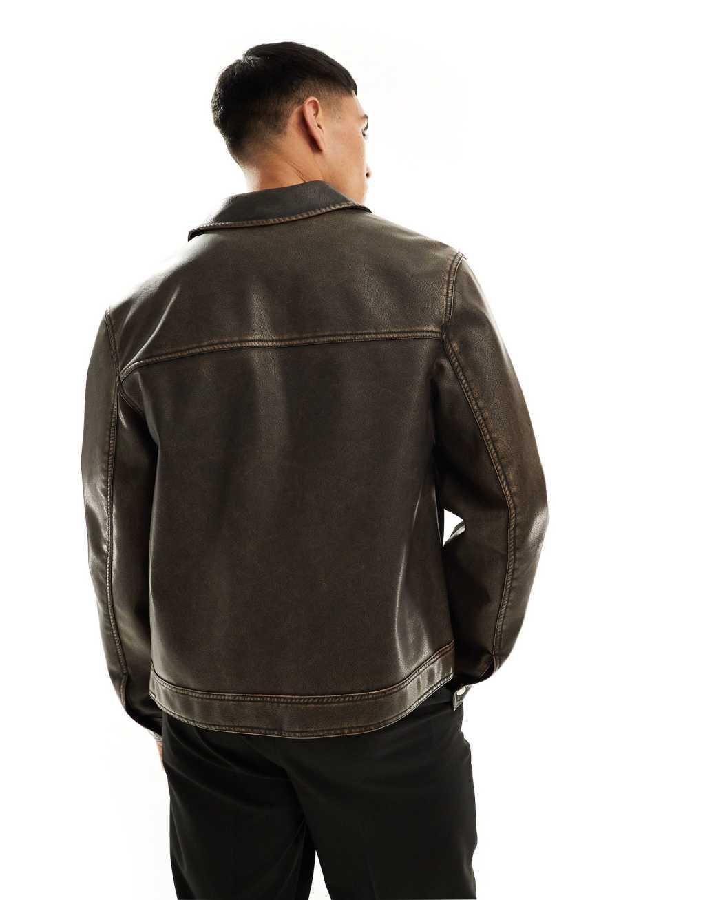 ASOS DESIGN faux leather harrington jacket in washed brown Product Image