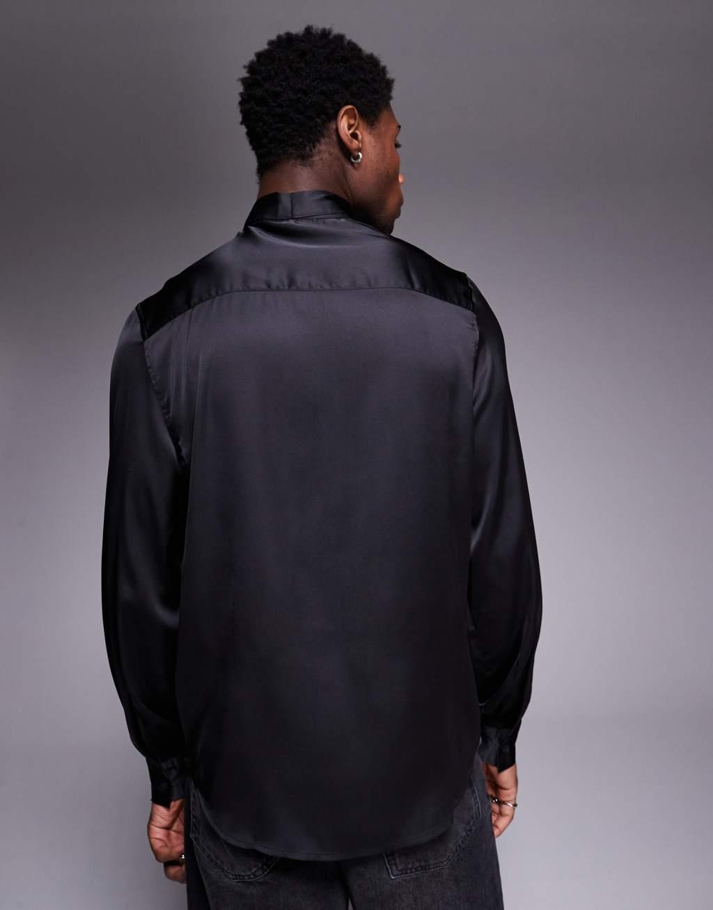 ASOS DESIGN satin regular shirt with tie neck and blouson volume sleeve Product Image
