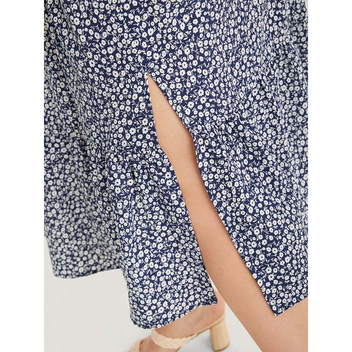 Plus Size Ditsy Floral Pocket Button Detail Split Hem Dress Indigo Women Elegant Elastic cuffs V-neck Long Sleeve Curvy Midi Dress BloomChic 18-20/2X Product Image