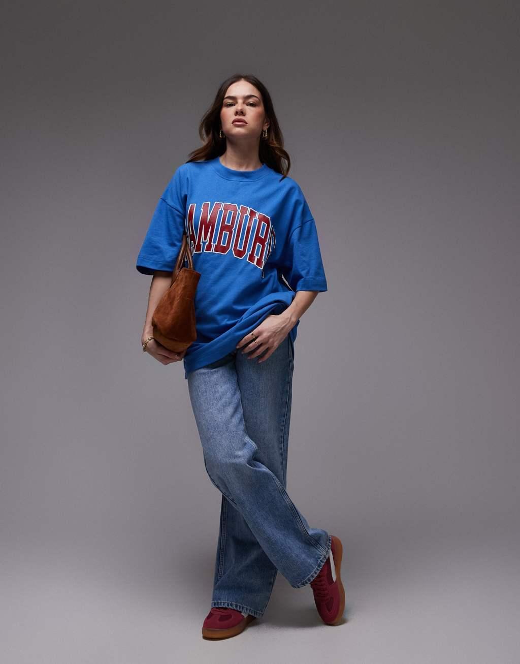 Topshop graphic Hamburg oversized tee in blue Product Image