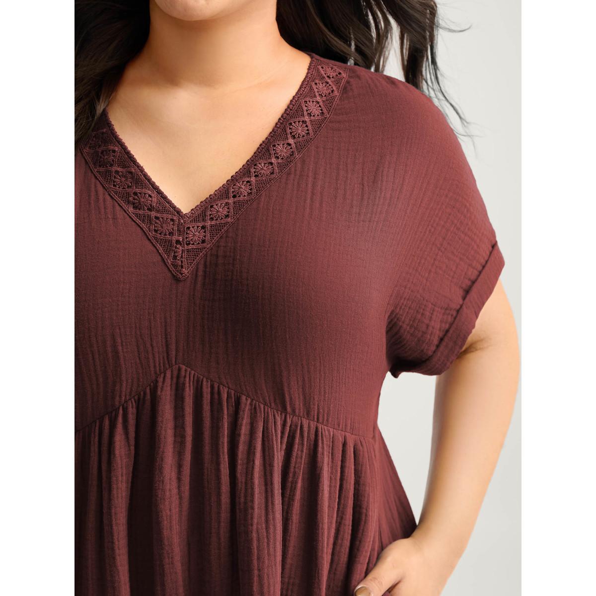 Plus Size Pure Cotton Lace V-Neck Solid Midi Dress Aegean Women Woven ribbon&lace trim V-neck Short sleeve Curvy BloomChic 22-24/3X Product Image
