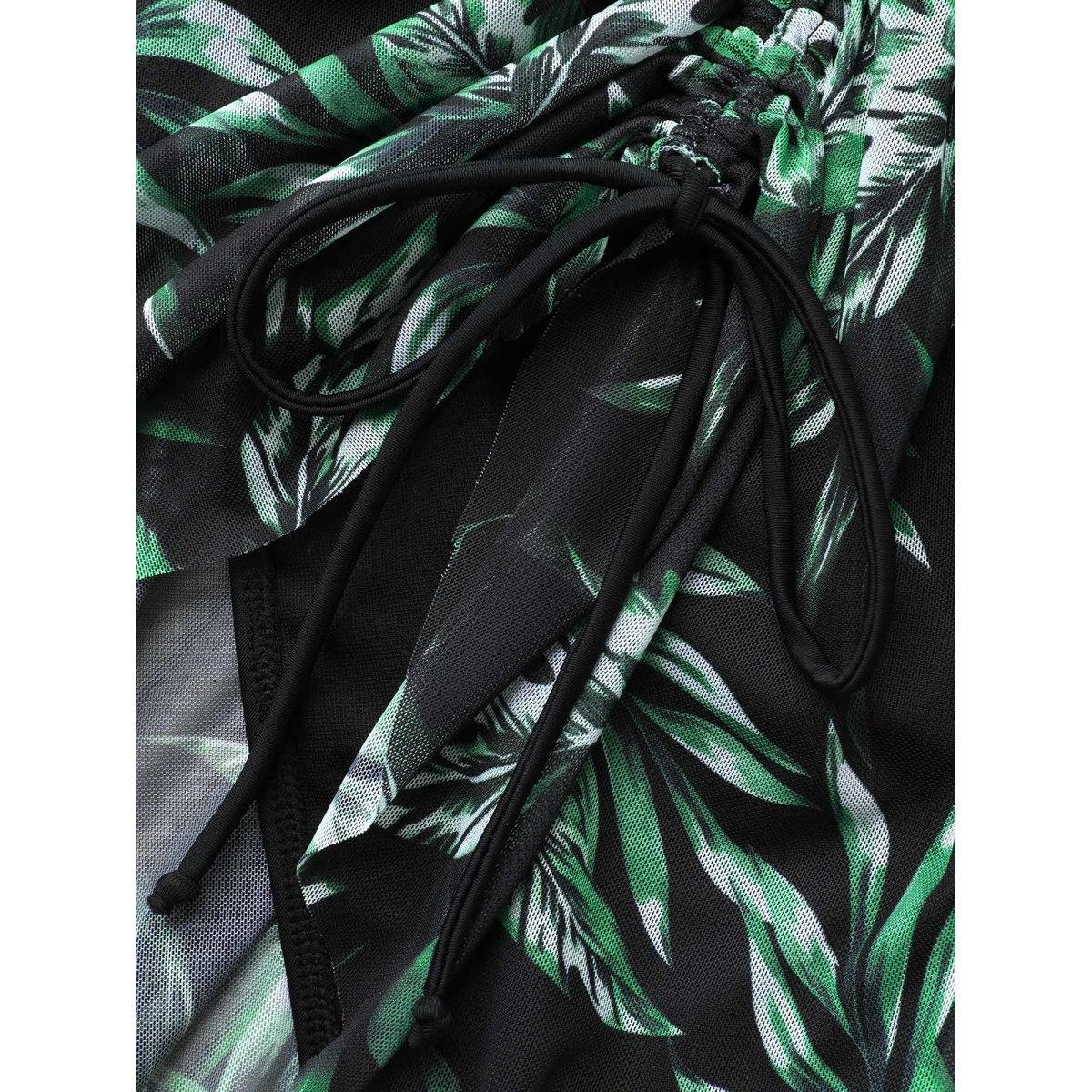 Plus Size Tropical Print Sheer Tied Swim Bottoms Women's Swimwear Truegreen Beach Drawstring High stretch Bodycon High Rise Curve Swim Bottoms BloomChic 30/6X Product Image