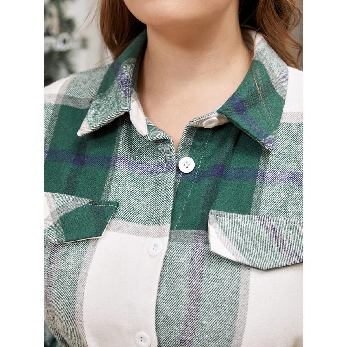 Plus Size Plaid Pocket Button Up Belted Shirt Collar Dress Green Women Elegant Button Shirt collar Long Sleeve Curvy Midi Dress BloomChic 28/5X Product Image