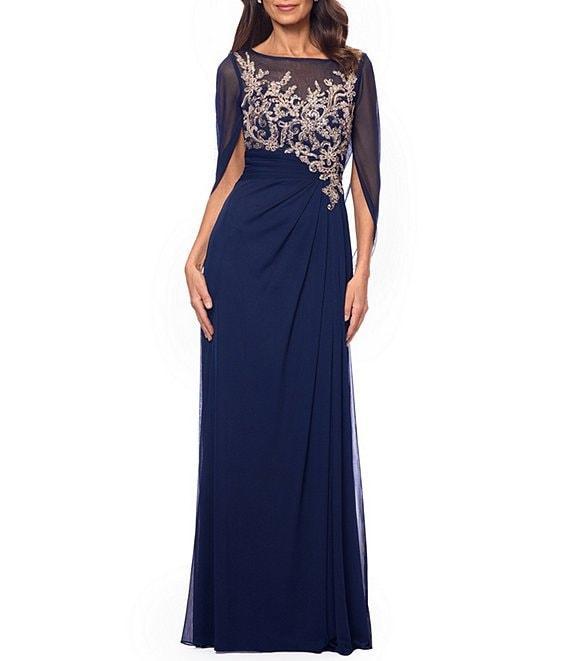 Betsy & Adam Sheer Matte Jersey Boat Neck Short Sleeve Beaded Back Cape Sheath Dress Product Image
