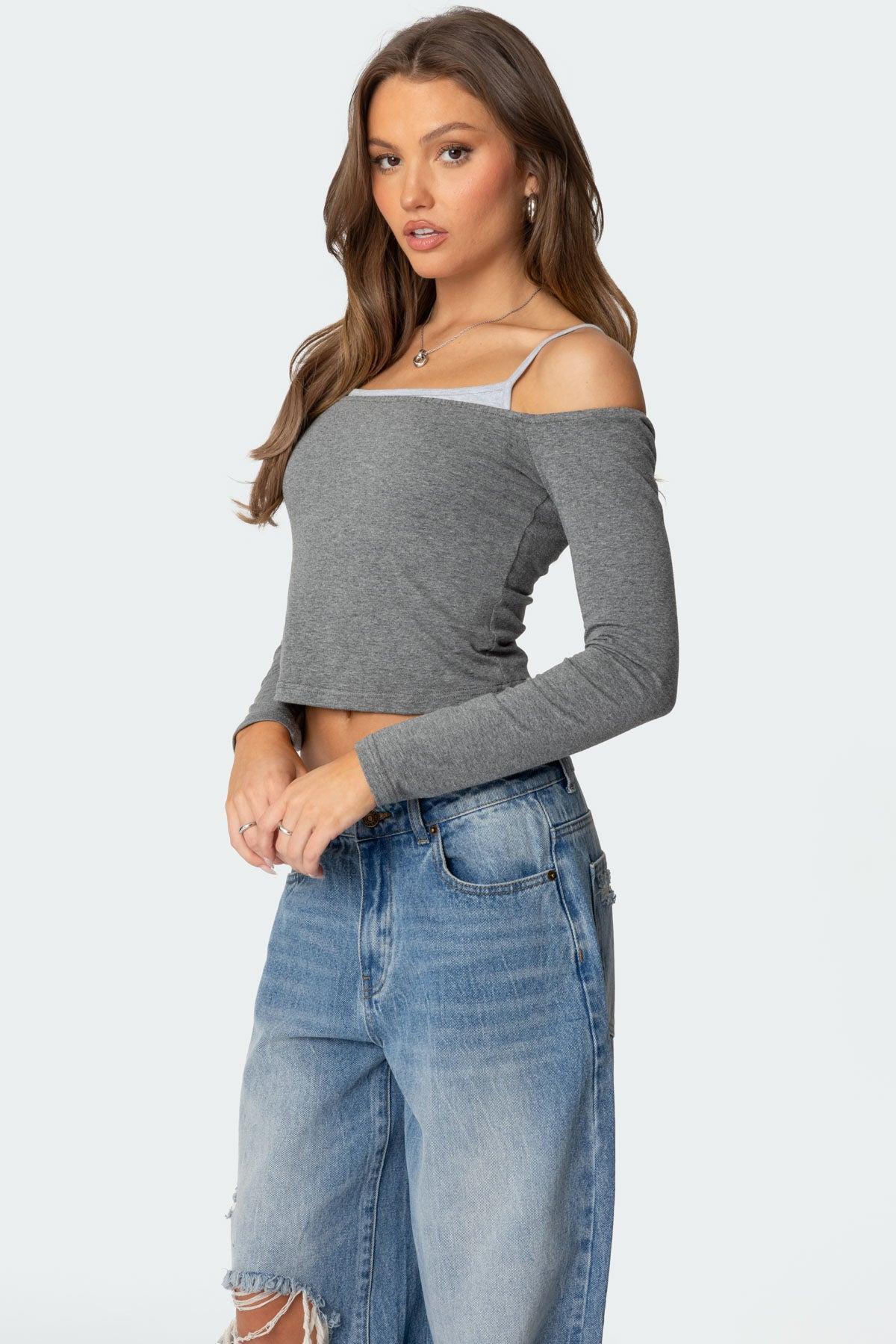 Off Shoulder Layered Long Sleeve T Shirt Product Image