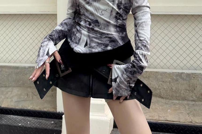 Long-Sleeve Off-Shoulder Print Asymmetrical Cable Knit Panel Slim Fit Top Product Image