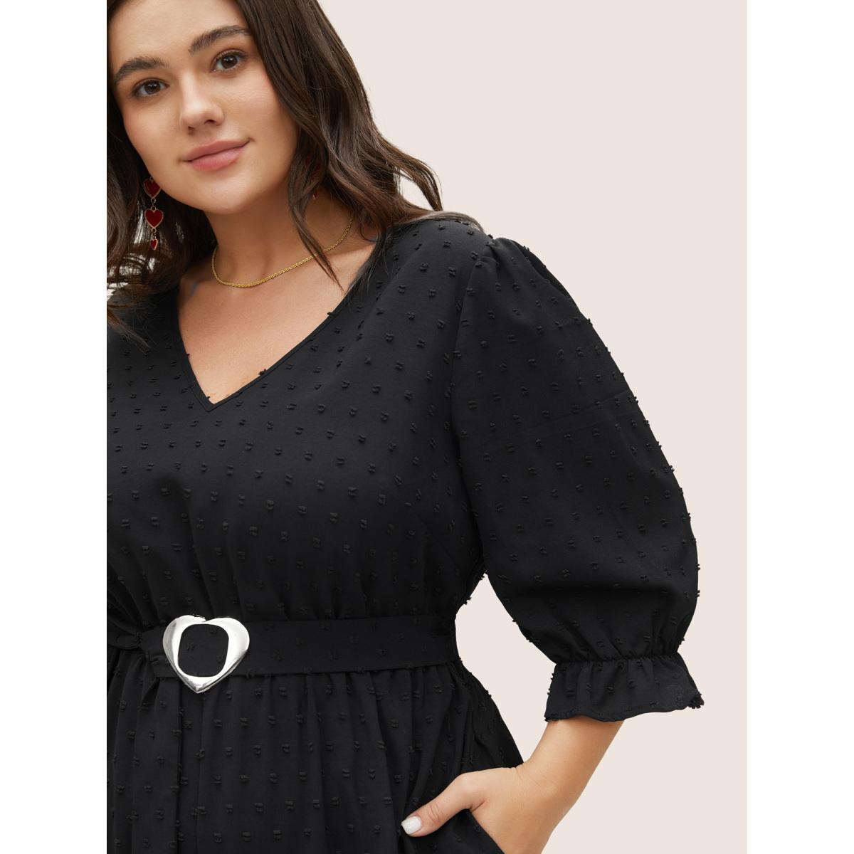 Plus Size Black Solid Texture Heart Buckle Detail Belted Jumpsuit Women Elegant Half Sleeve V-neck Everyday Loose Jumpsuits BloomChic 30/6X Product Image
