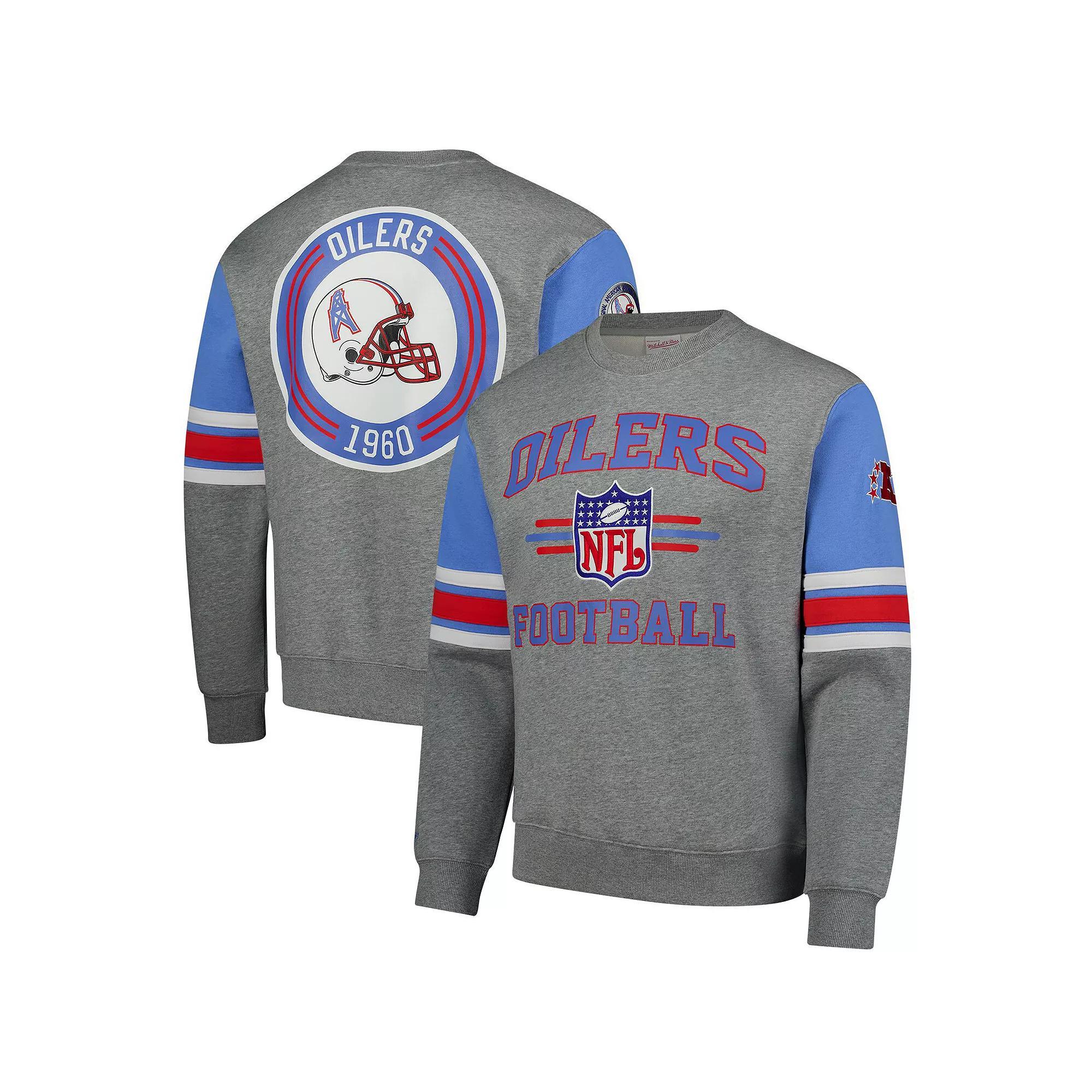Men's Mitchell & Ness Heather Gray Houston Oilers All Over 4.0 Vintage Logo Pullover Sweatshirt, Size: 2XL, Nfl Grey Product Image