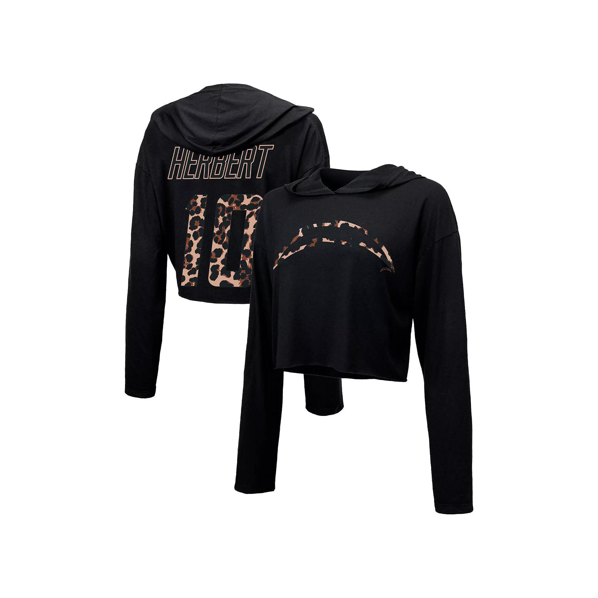 Womens Majestic Threads Justin Herbert Los Angeles Chargers Leopard Player Name & Number Long Sleeve Cropped Hoodie Product Image