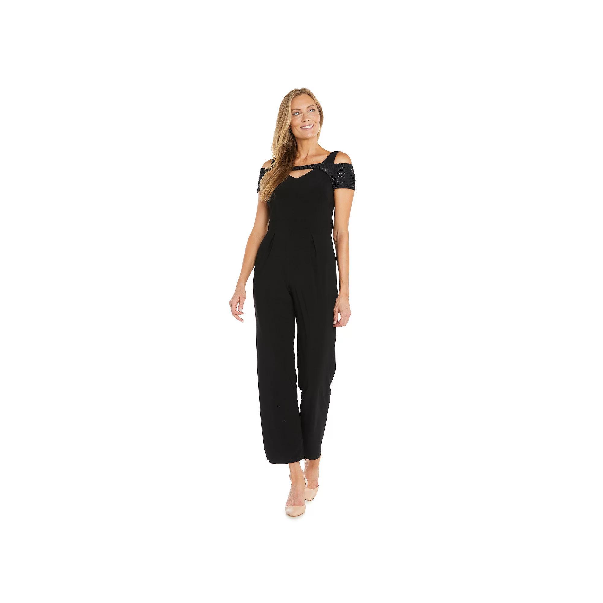 Women's R&M Richards Rhinestone Peek-a-Boo Jumpsuit, Size: 18, Black Product Image