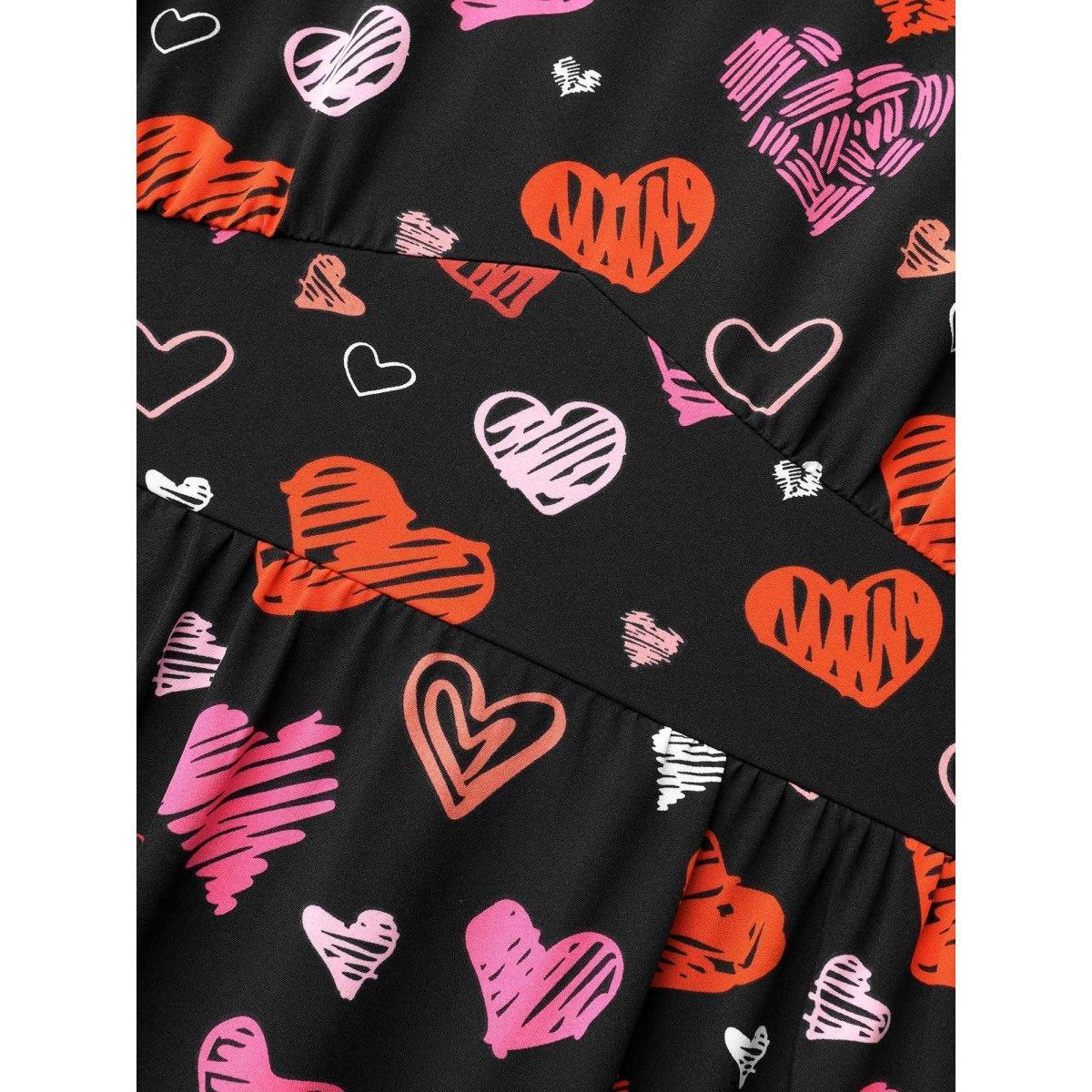 Plus Size Heart Print Ruched Stretchy Waist Dress Black Women Elegant Gathered Heart neckline Short sleeve Curvy BloomChic 28/5X Product Image