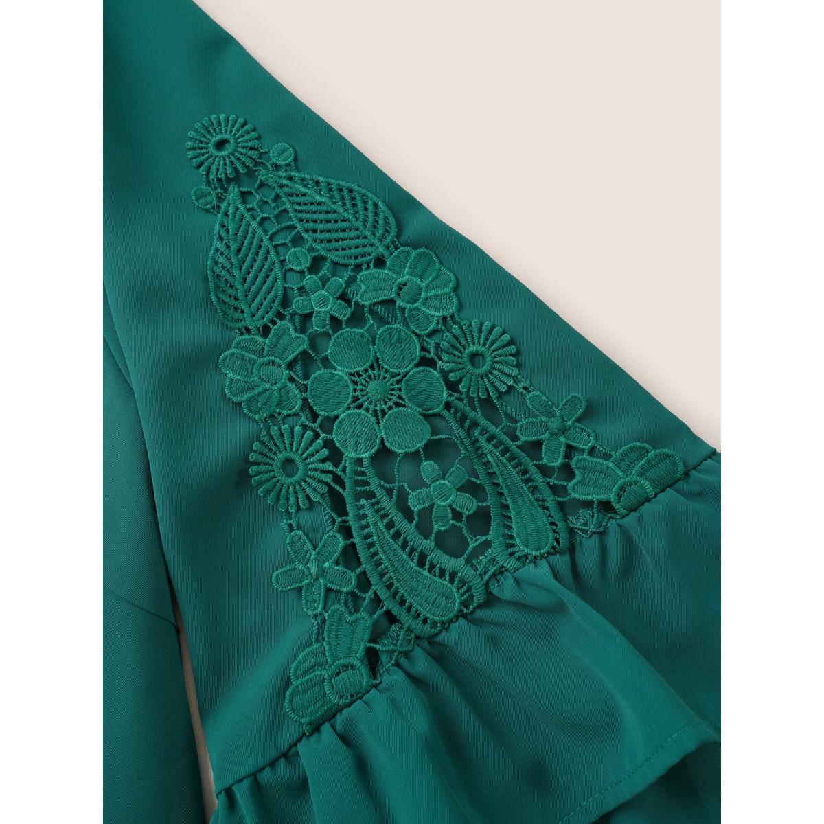 Plus Size Emerald Solid Guipure Lace Patchwork Ruffles Blouse Women Elegant Elbow-length sleeve V-neck Everyday Blouses BloomChic 14-16/1X Product Image