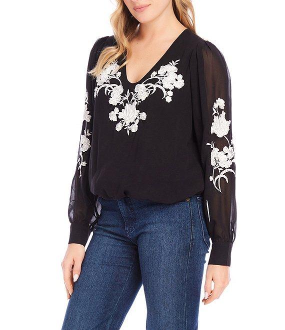 Karen Kane Floral Embroidered V-Neck Long Sleeve Blouson Top Product Image