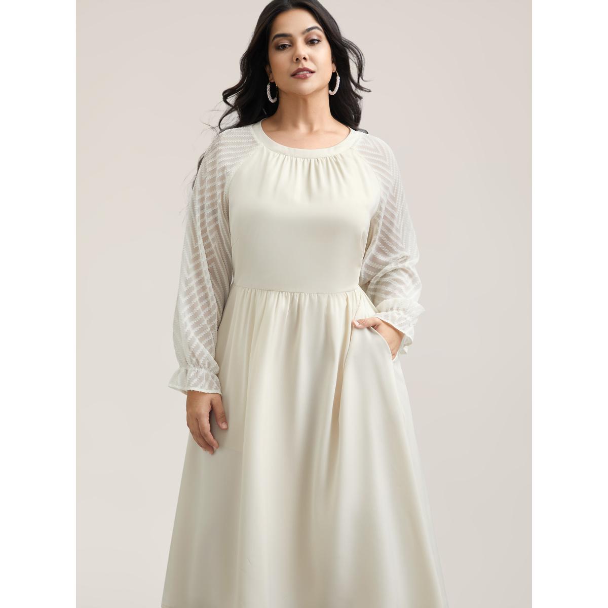 Plus Size Stretchy-Waist Pockets Plain Textured Midi Dress Beige Women Elegant Texture Round Neck Long Sleeve Curvy BloomChic 26/4X Product Image