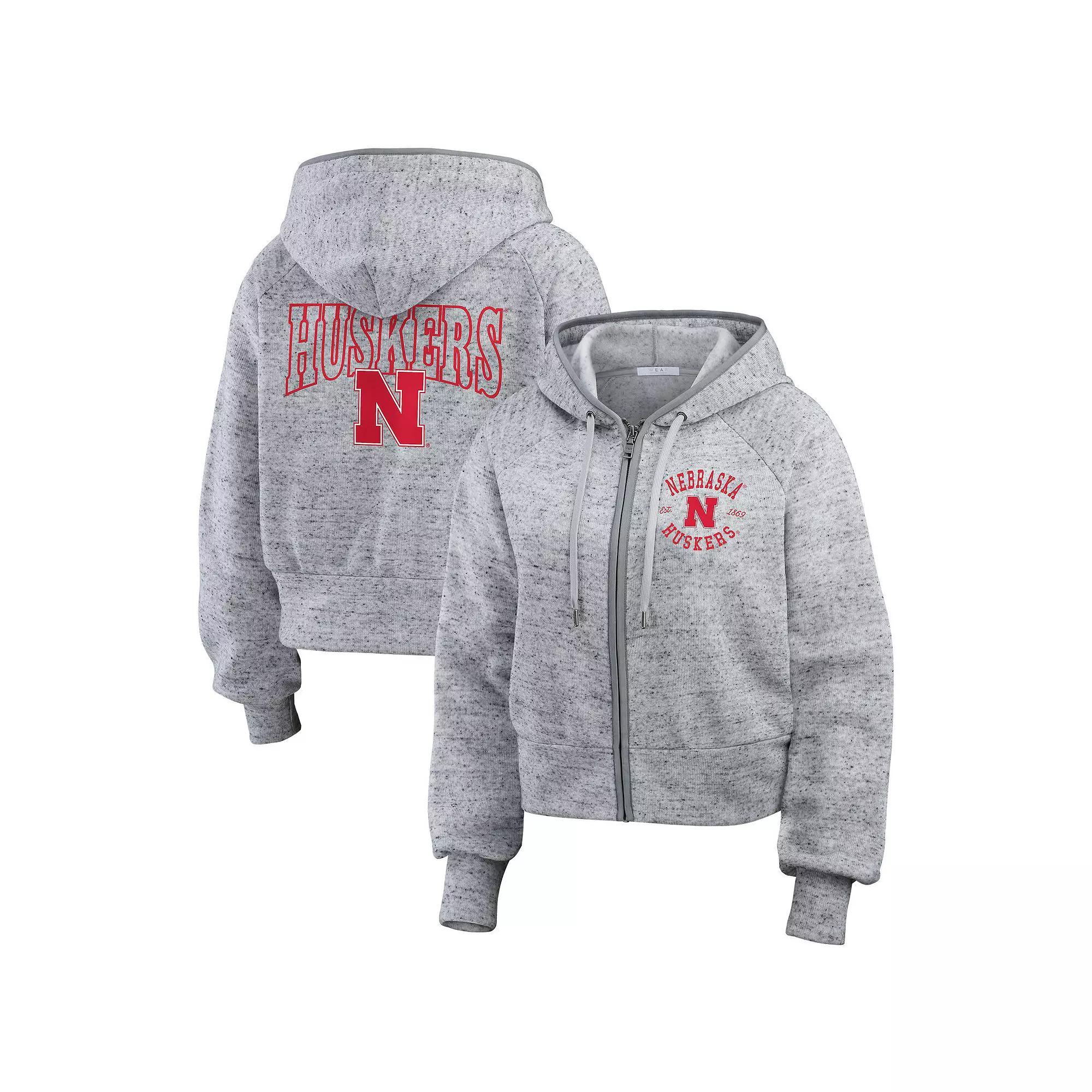 Women's WEAR by Erin Andrews Heather Gray Nebraska Huskers Wear Speckle Double-Hit Raglan Full-Zip Hoodie, Size: XL, Grey Product Image