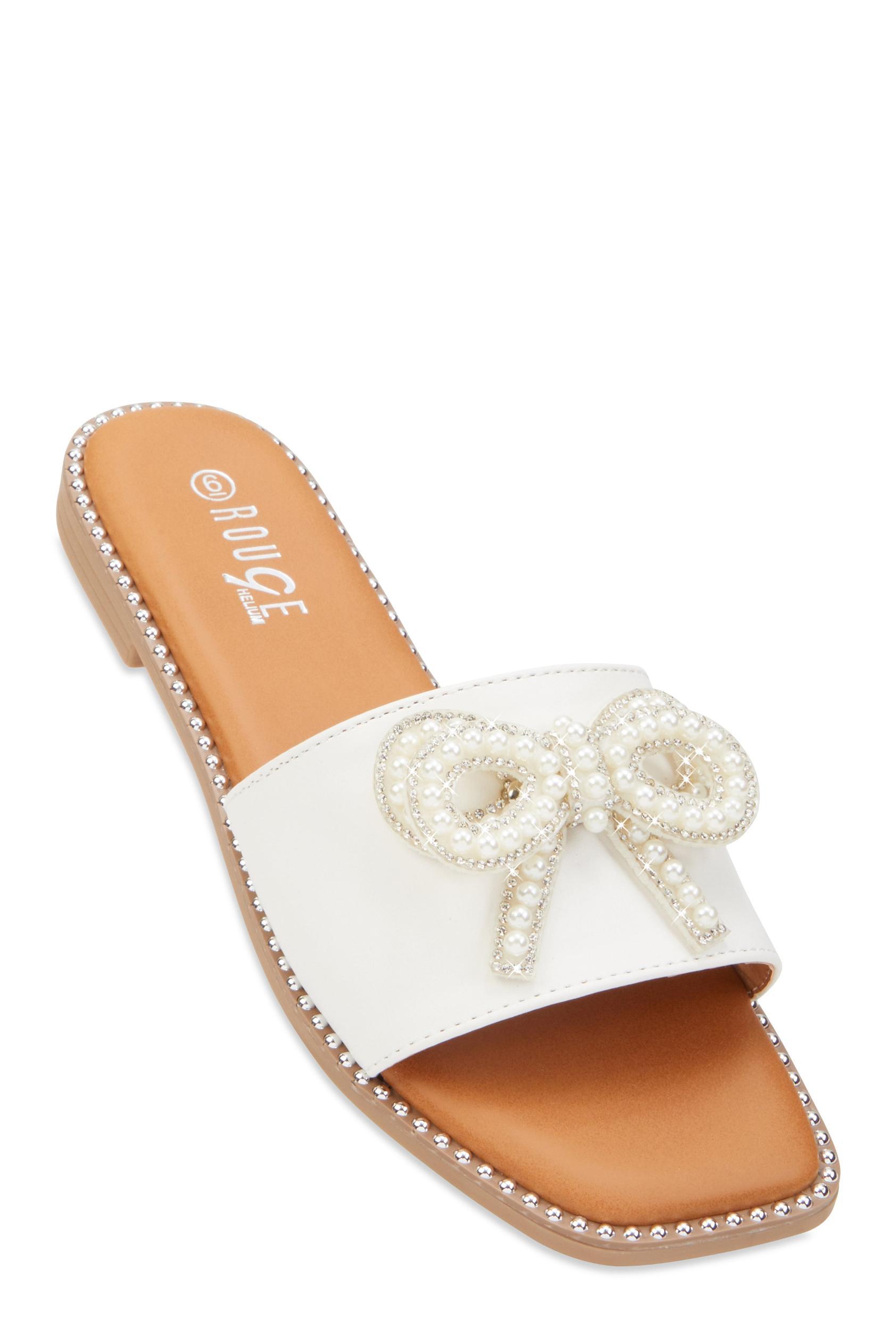 Womens Rhinestone Faux Pearl Bow Band Slide Sandals Product Image
