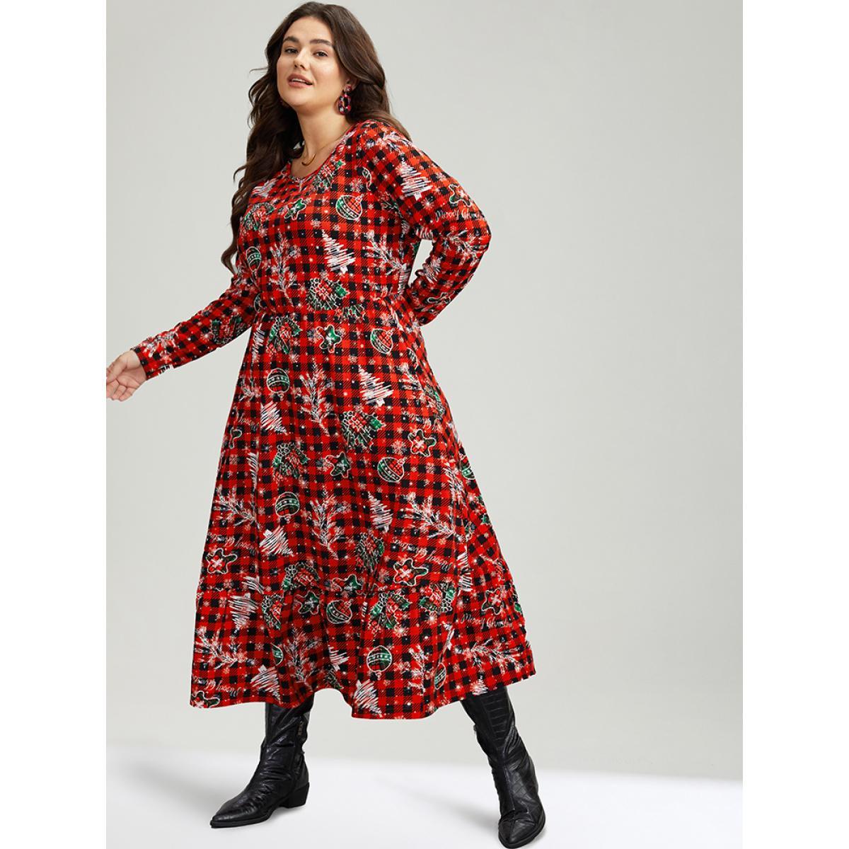 Plus Size Gingham Crew Neck Pocket Elastic Waist Dress Red Women Casual Printed Round Neck Long Sleeve Curvy Midi Dress BloomChic 28/5X Product Image