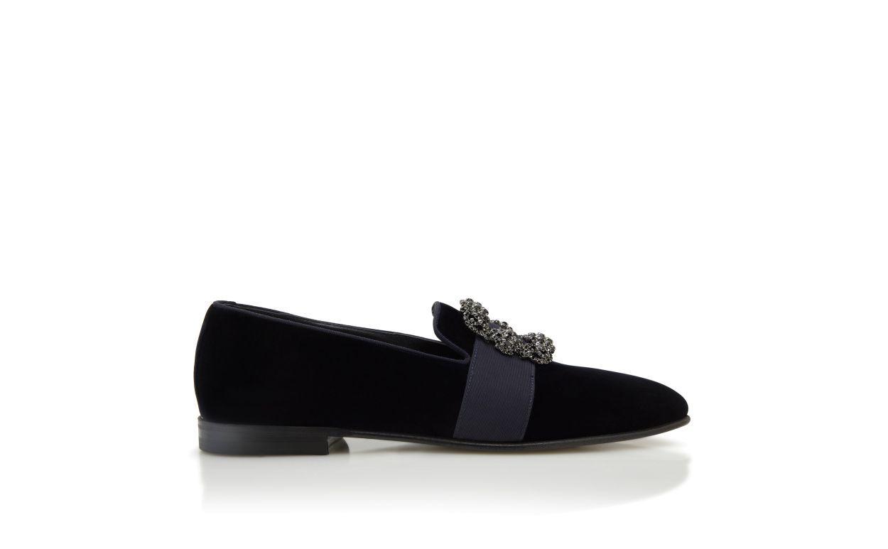 CARLTON Dark Blue Velvet Jewelled Buckle Loafers Product Image