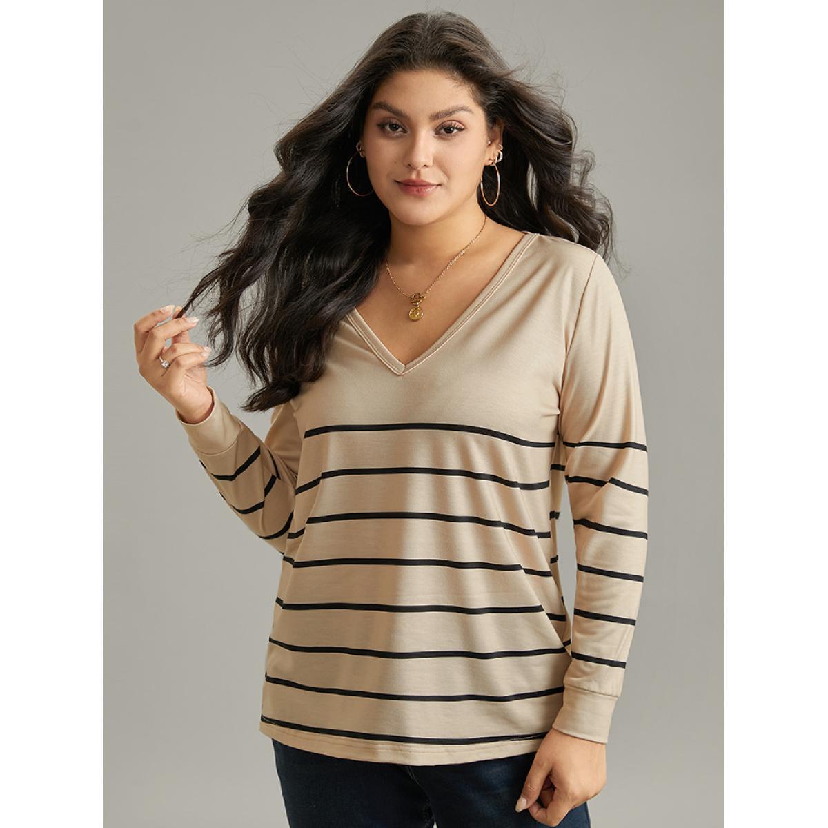 Plus Size Striped Print V Neck T-Shirt Tan Women Casual Printed Striped V-neck Dailywear T-shirts BloomChic 18-20/2X Product Image