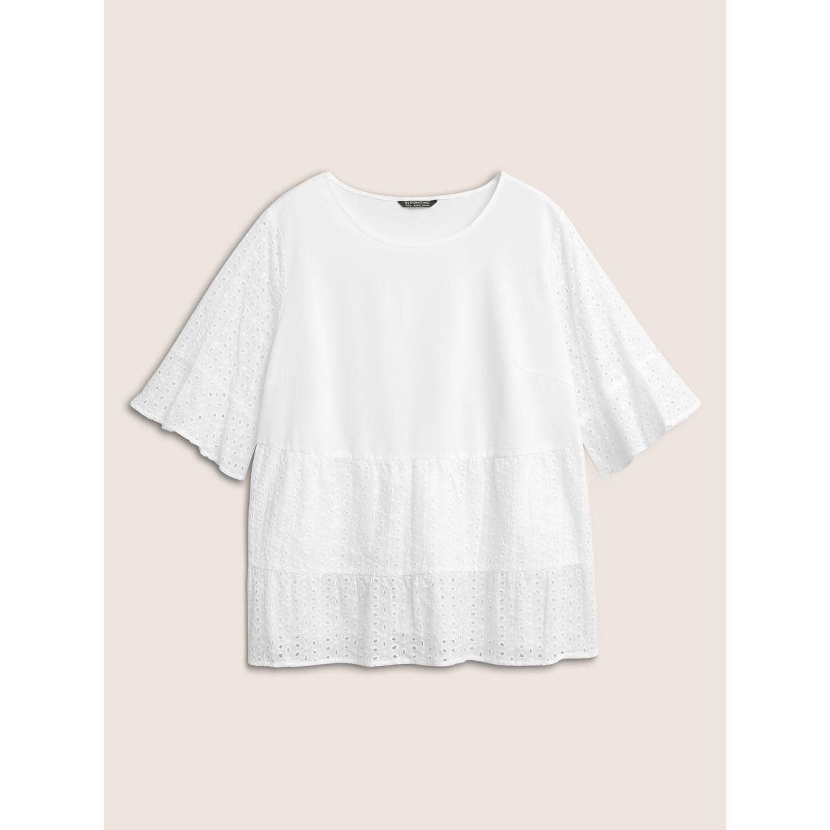 Plus Size White Broderie Anglaise Patchwork Flutter Sleeve Blouse Women Resort Half Sleeve Round Neck Vacation Blouses BloomChic 14-16/1X Product Image