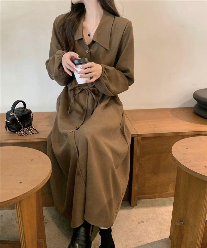 Long-Sleeve Plain Midi A-Line Shirt Dress Product Image