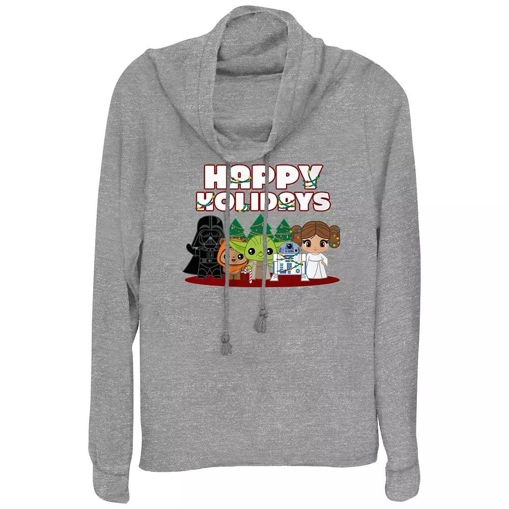 Women's Star Wars Characters Happy Holidays Cowlneck Graphic Lightweight Long Sleeve, Size: Small, Gray Grey Product Image