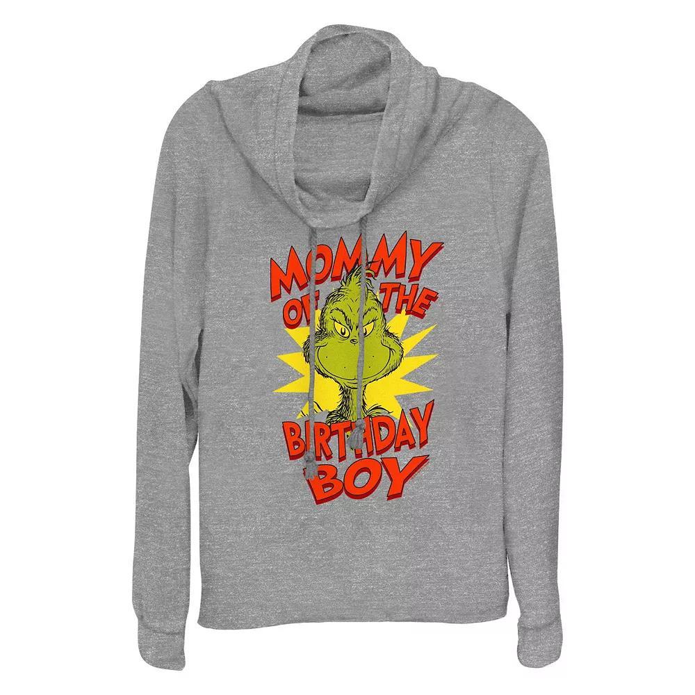 Women's Dr. Seuss Grinch Mommy Of The Birthday Boy Cowlneck Graphic Lightweight Long Sleeve, Size: Small, Gray Grey Product Image