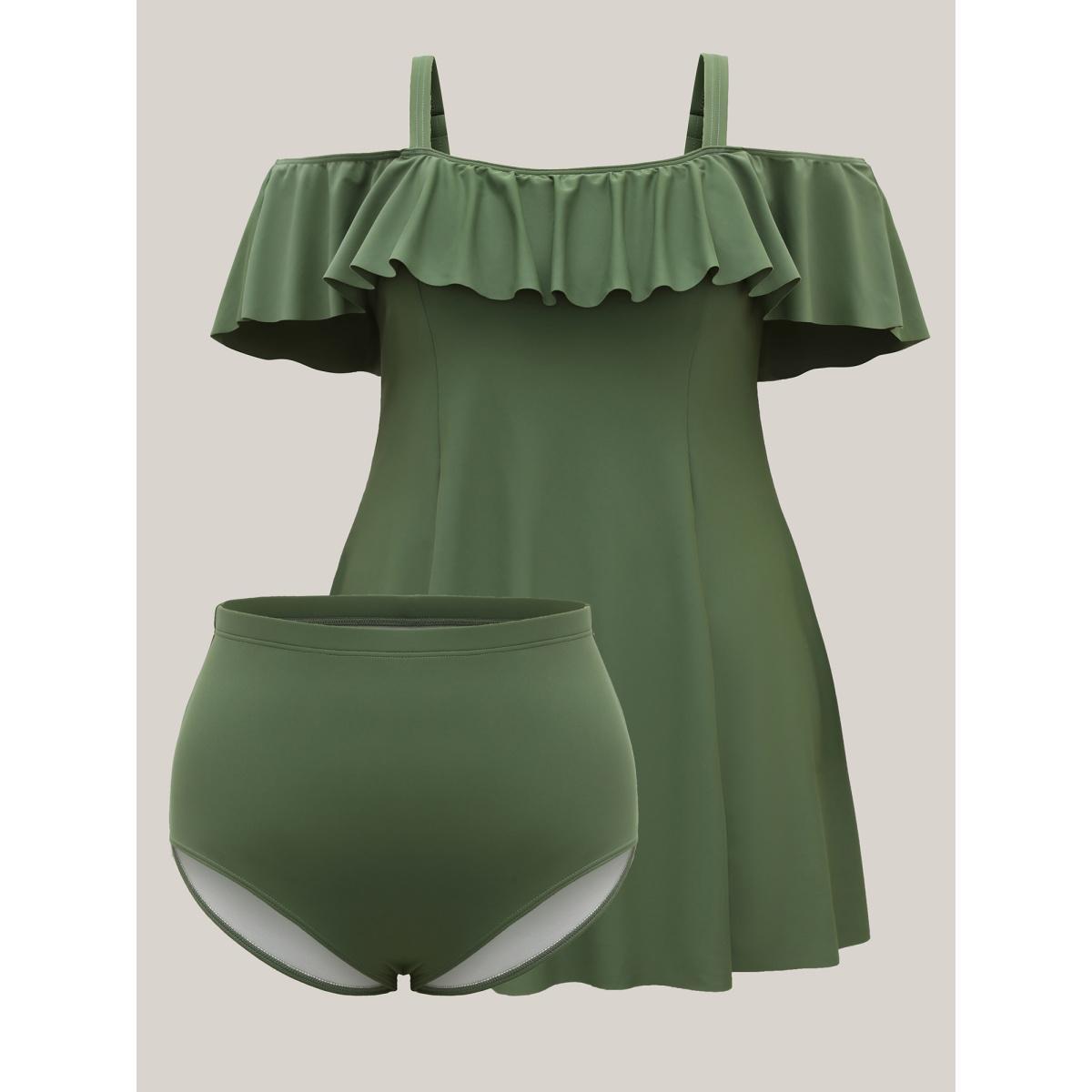 Plus Size Ruffled Non-Removable Cups Swim Dress Women's Swimwear ArmyGreen Beach Bodycon One-shoulder neck High stretch Curve Swim Dresses BloomChic 30/6X Product Image