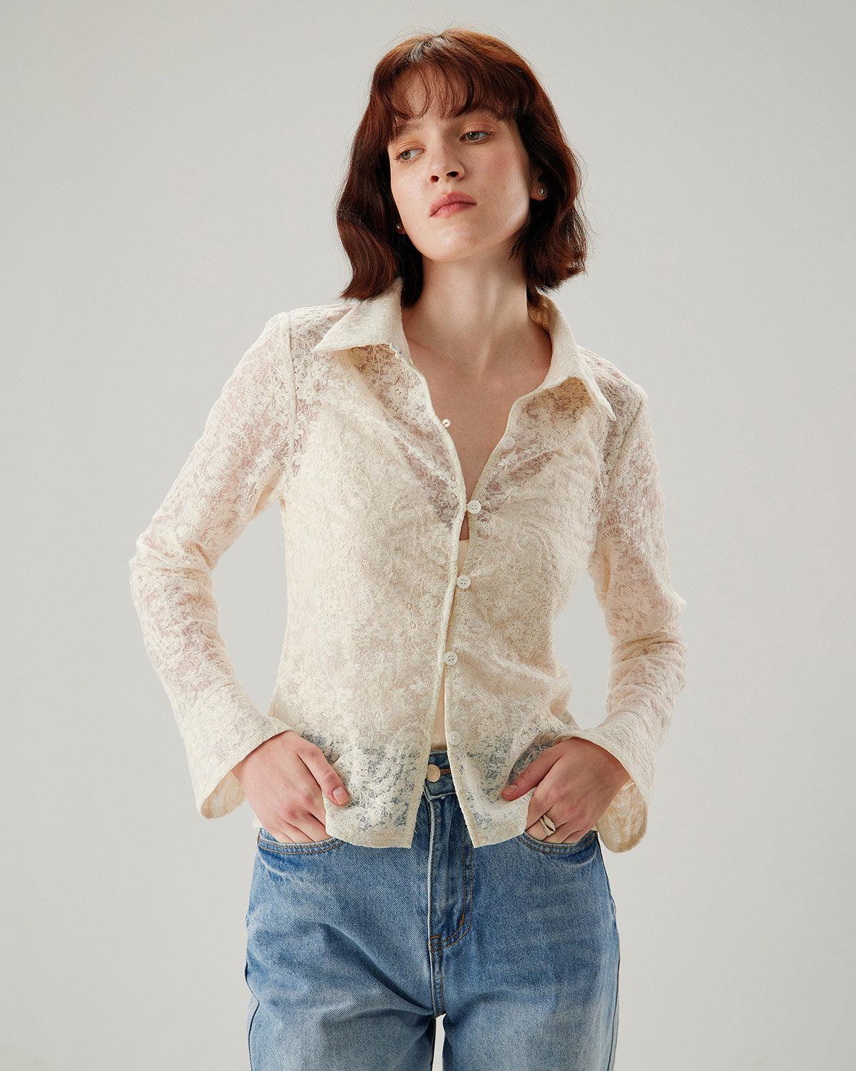 White Jacquard Bell Sleeve Button Blouse Product Image